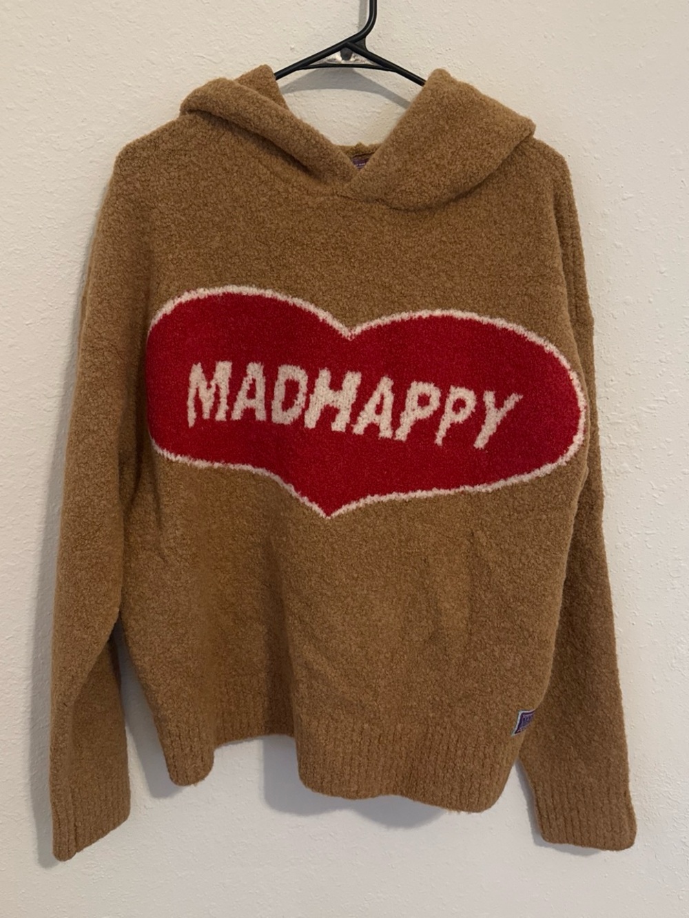 Madhappy Brown Hooded Crewneck Sweater with Red Heart Logo
